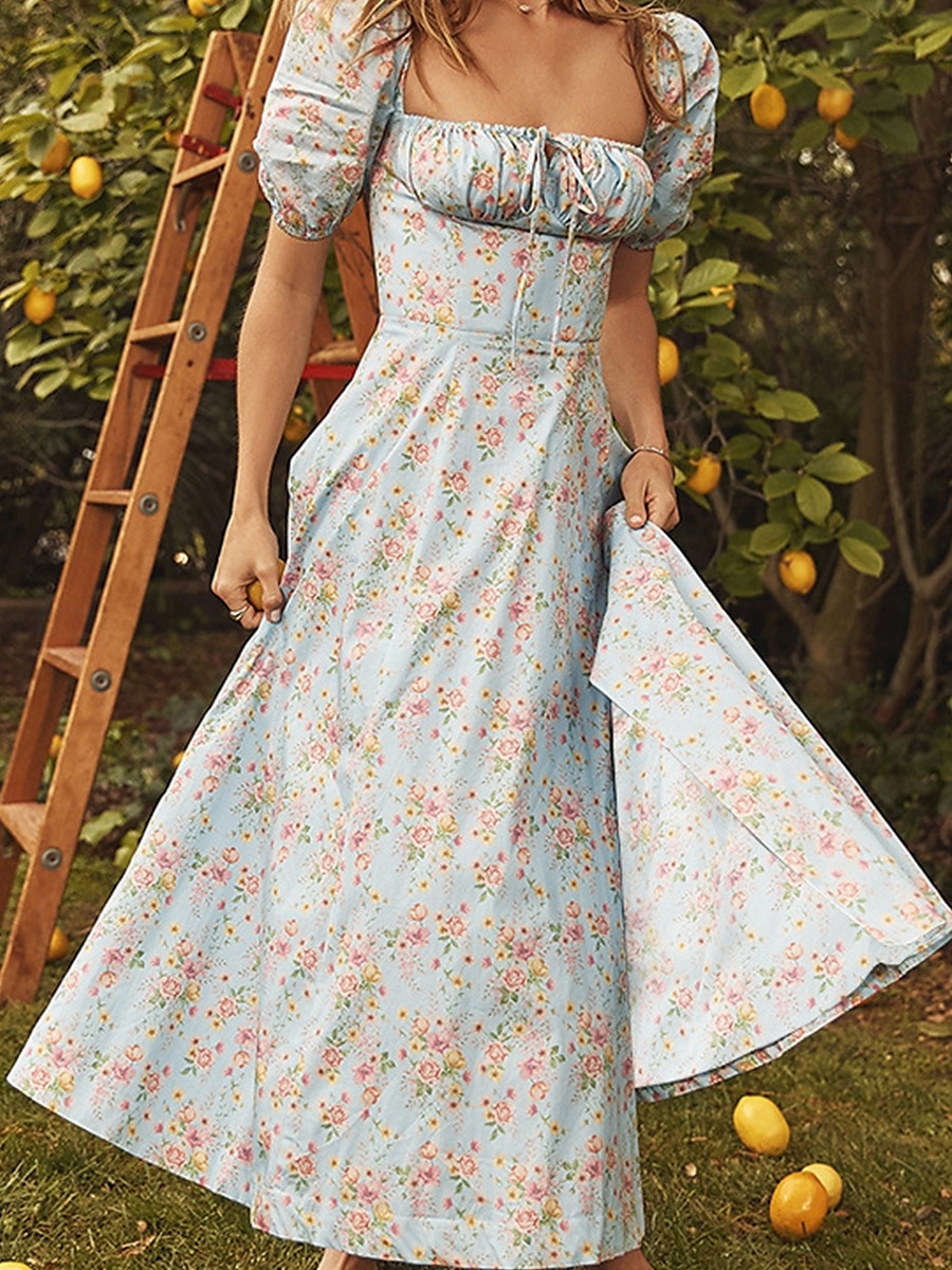 Per donna Vestito longuette Abito a corsetto Abito linea A Abito da lattaia Abito con maniche a sbuffo Festività Da mare Giornaliero Standard Floreale Manica corta Squadrata Bianco Giallo Rosa Blu del 2025 a $23.99 –P4