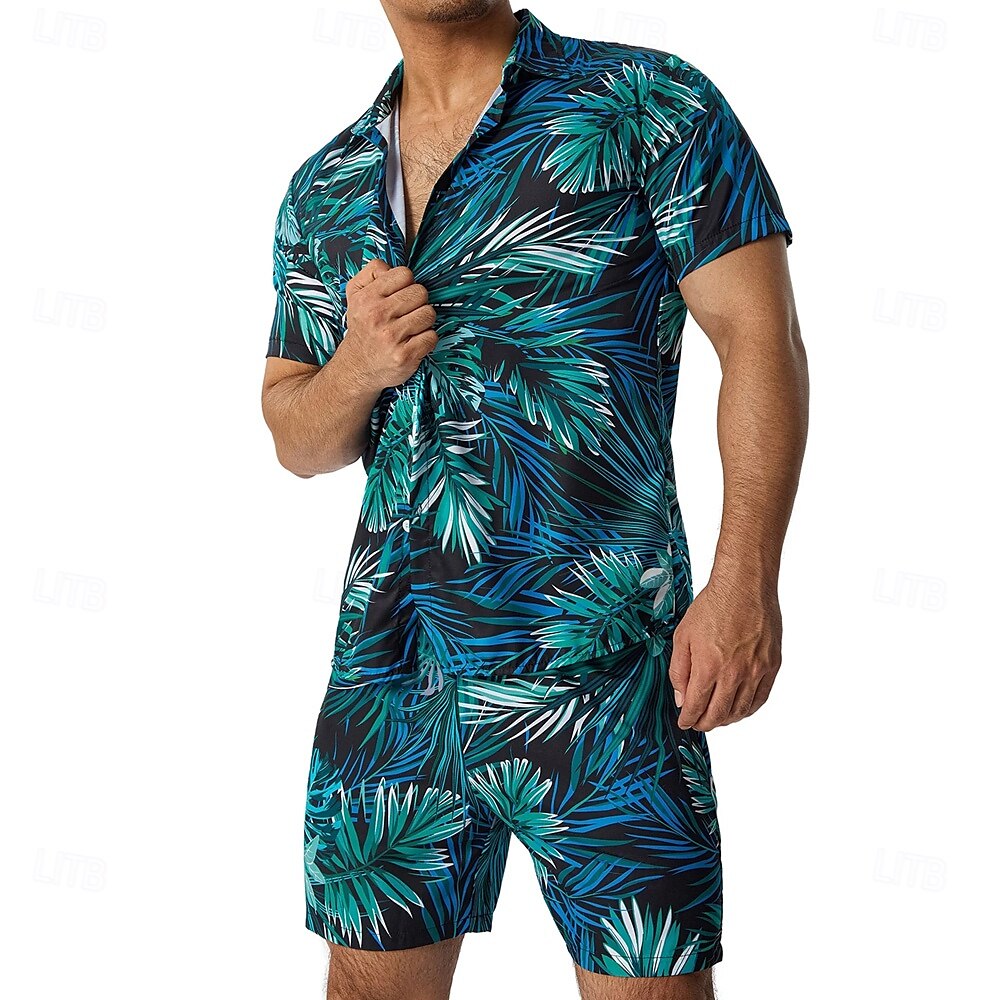 Men's Plants Trees / Leaves 2pcs Shirts Sets Summer Tops Short Sleeve Short Pants Turndown Casual Outdoor Home Casual 3D Print Summer Robin's Egg Blue 2025 - $37.99 –P1