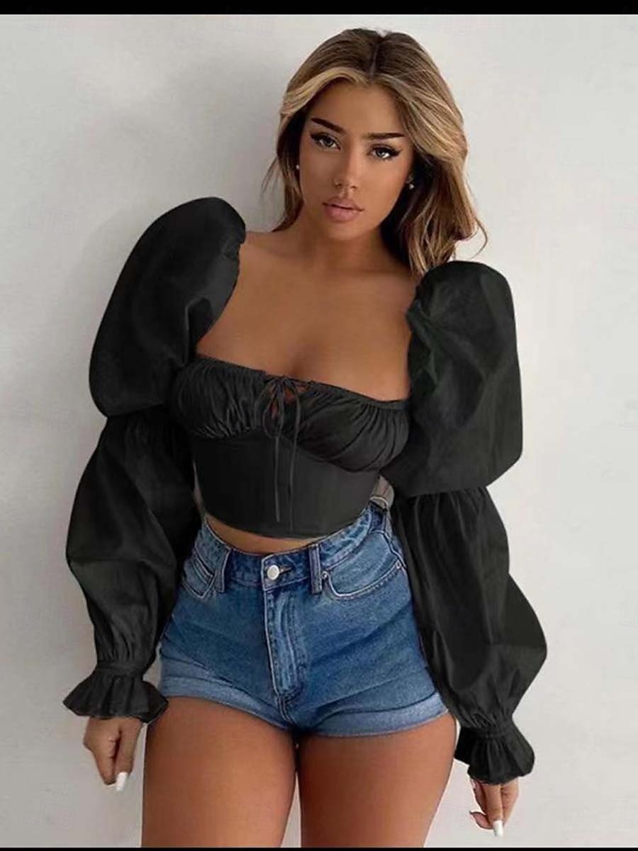 Dames Wrap crop top Elegant Lange mouw U-hals Croptops Zwart Wit Zomer Lente 2025 - $25.99 –P6