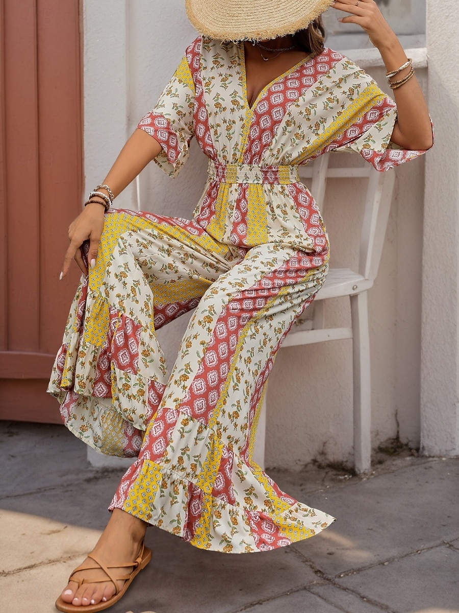 Damen Normal Jumpsuit Urlaub Blumen 3/4 Ärmel V Ausschnitt Hohe Taillenlinie Urlaub Täglich Regular Fit Gelb Sommer 2025 - $49.99 –P4