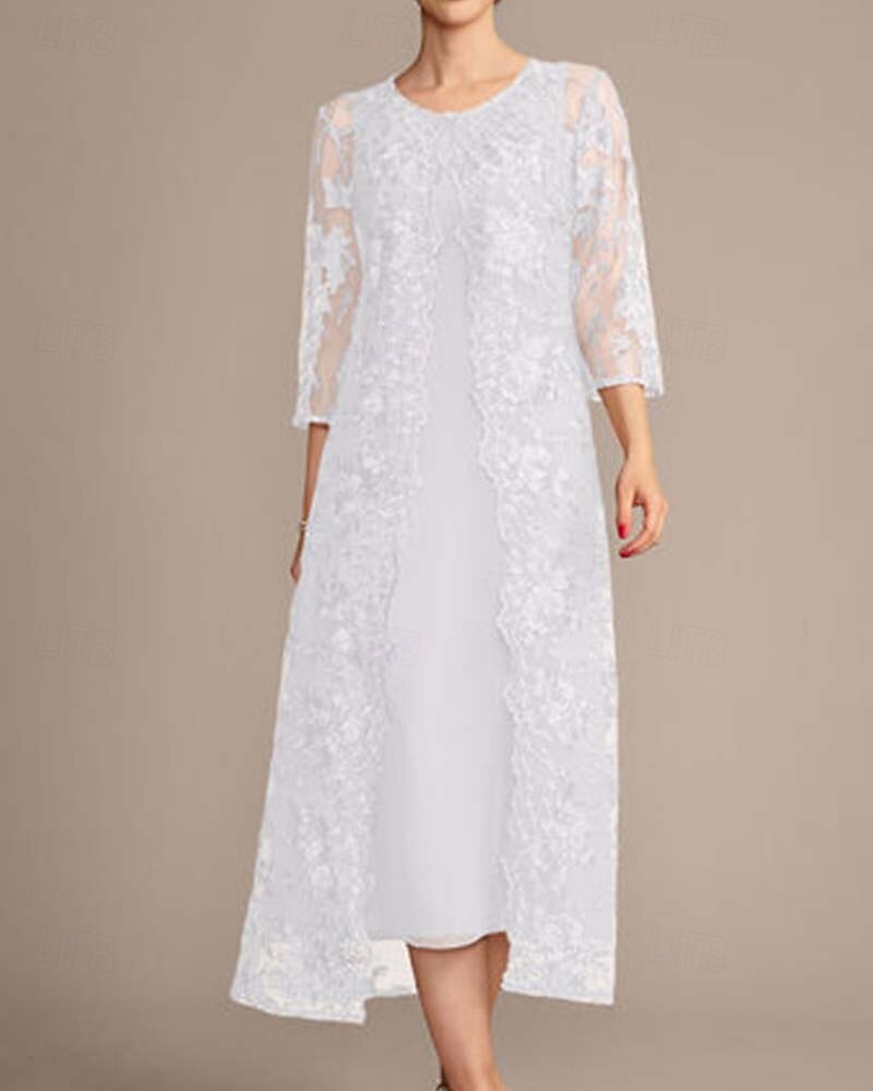 Conjunto de Vestido de Mãe da Noiva Elegante Vintage Simples Gola Redonda Comprimento Chá Chiffon Manga 3/4 Com Bordas em Cascata com Aplique de Renda Floral com Lantejoulas 2025 de 2025 por $191.99 –P5