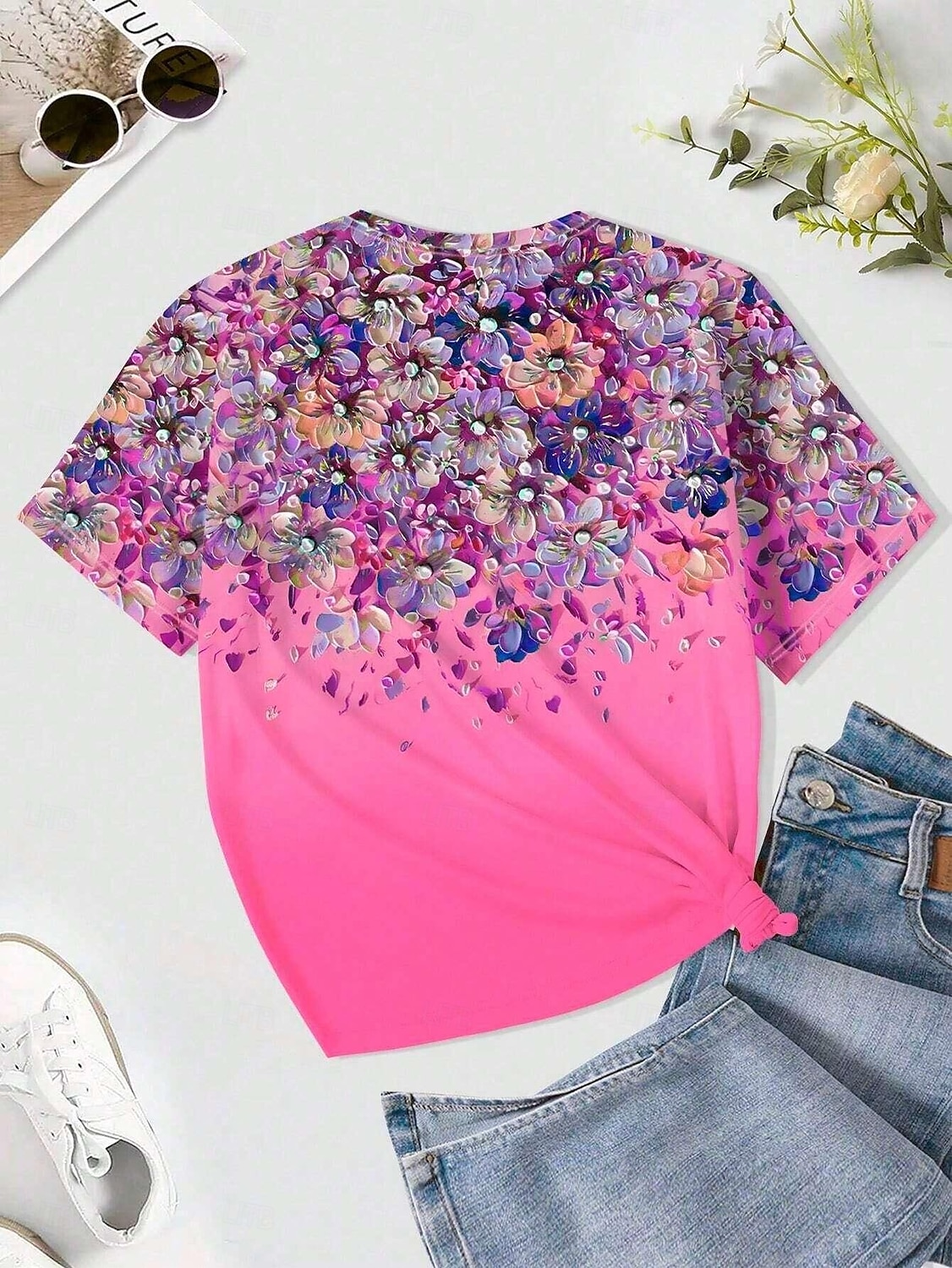 Women's T Shirt Floral Casual Short Sleeve Round Neck Regular Tops Daily Print Pink Blue Green Summer 2025 - $19.99 –P6