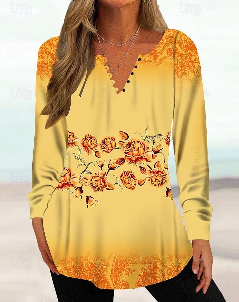 Kvinne Tunika Skjorte Henley Skjorte Bluse Tunika Basic Blomster Knappe Print Lang Erm Regular Tops Rund Hals Casual Ferie Gul Rosa Grønn Grå Lys Blå Vår Høst 2025 - $21.99 –P3