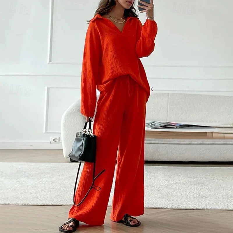 Women's Fashion Streetwear Shirt Two Piece Sets Linen Pants Pants Trousers Long Sleeve Shirt Collar Solid Color Drawstring Daily Wear Date Black White Orange Summer Regular Fit 2025 - $28.99 –P4
