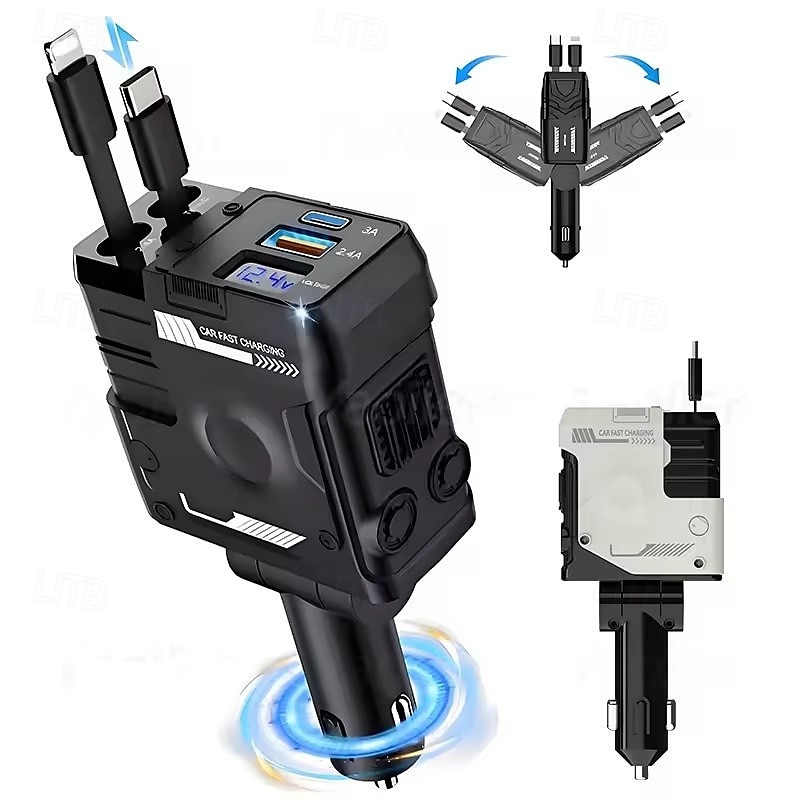 120w 4 in 1 incarcator USB retractabil pentru masina cu incarcare rapida mufa pentru bricheta auto pentru iphone  & port tip-c pentru iphone samsung huawei 2025 - $28.99 –P1