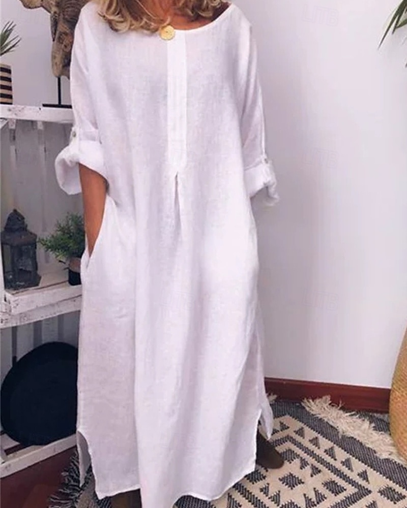 Femmes Robe Longue Maxi Robe Robes inspirées du lin Robe Décontractée Robe en coton et lin Élégant Occasionnel Vacances Quotidien Date Coupe régulière Uni manche longue Col ras du cou Blanche Jaune de 2025 ? $26.99 –P1