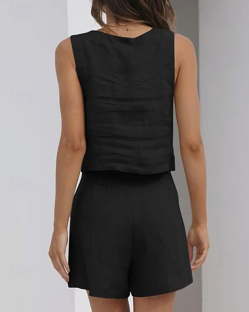 Damen Mode Streetwear Hemd Baumwoll-Leinen-Sets Zweiteilige Sets Leinenhosen Baggy-Shorts Ärmellos Quadrathals Einfarbig Alltagskleidung Date Schwarz Braun Khaki Sommer Normale Passform 2025 - $26.99 –P13