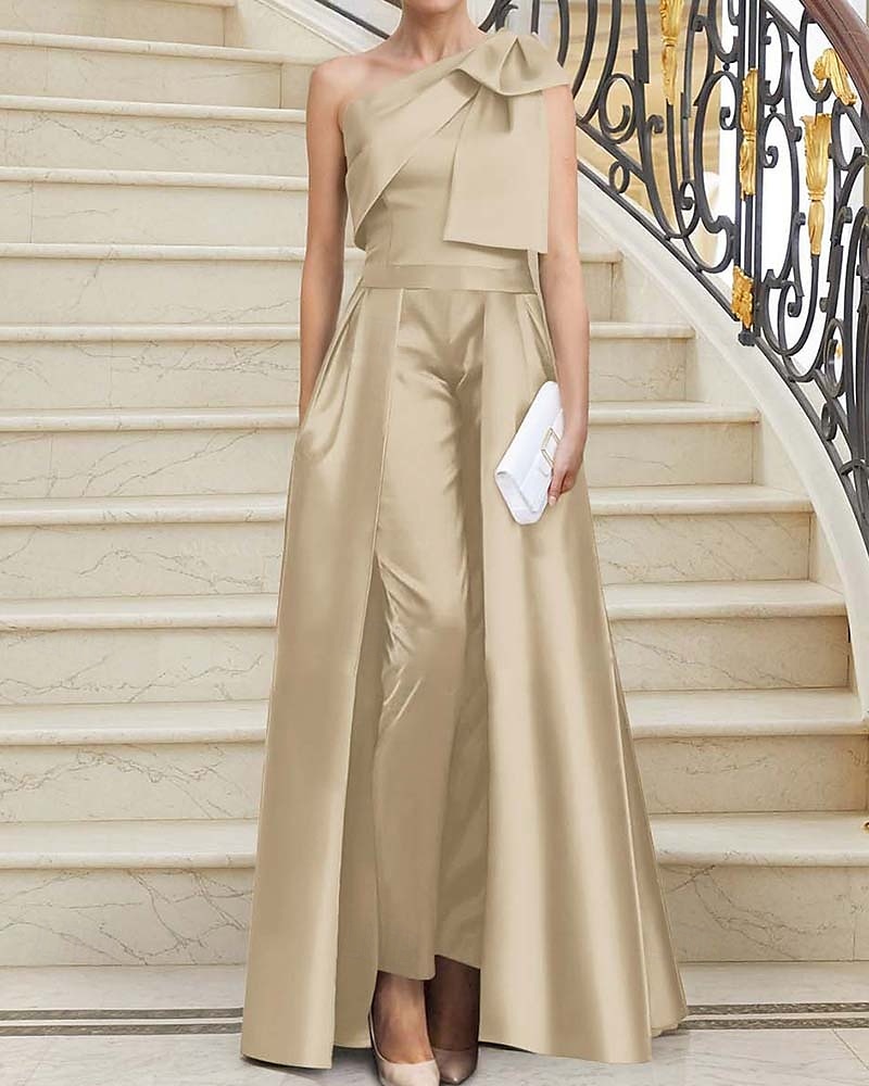 Combinaisons Robe de Soirée Élégante Avec Jupe Détachable Robe Invité au Mariage Longueur de Sol Sans Manches Épaule Dénudée Satin Vert Sauge avec Nœud(s) de 2025 ? $183.99 –P4