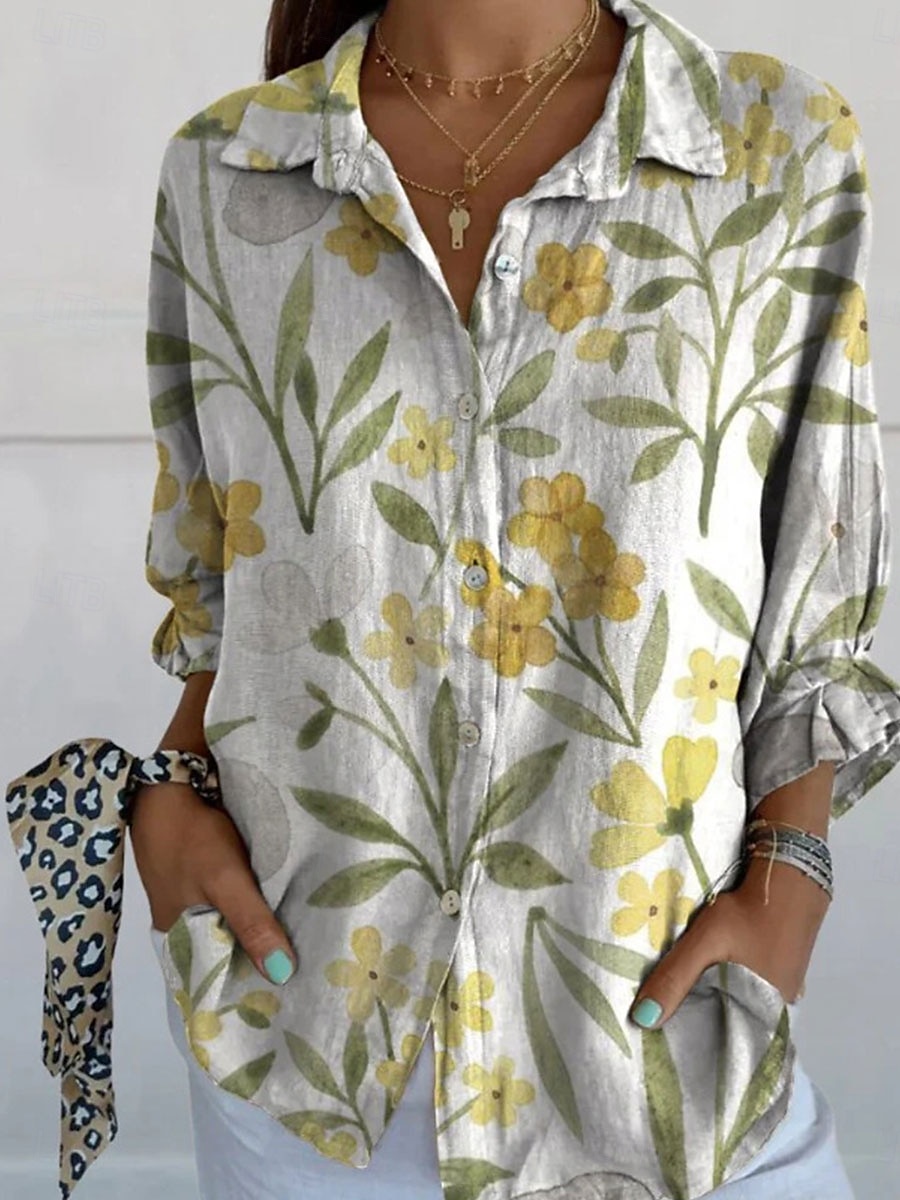 Damen Hemd Grafik täglich stilvoll retro vintage 3/4-Ärmel Hemdkragen reguläre Tops täglicher Urlaub Ausgehen Knöpfe gelb lila Sommer Frühling 2025 - $32.99 –P4