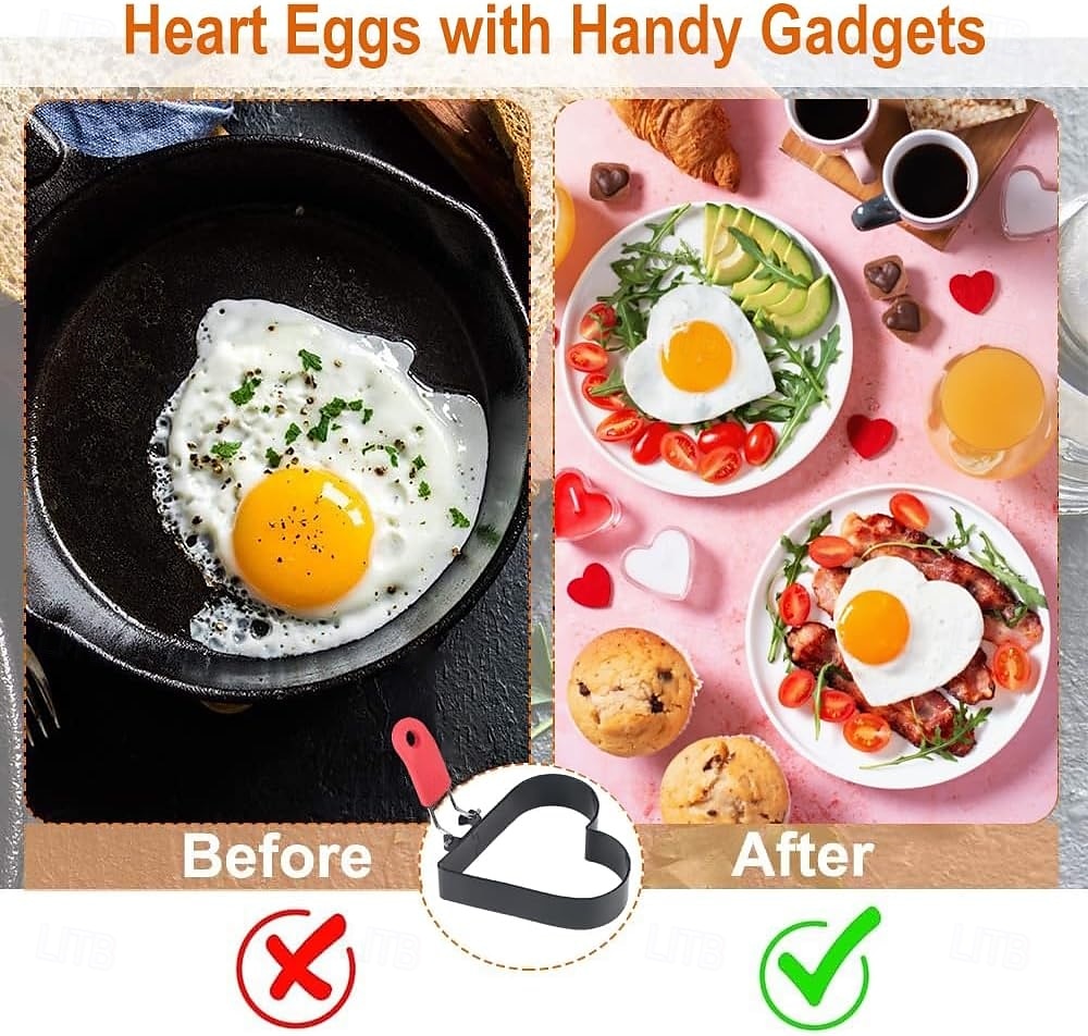 3,5 tommers eggering med sammenleggbart håndtak, hjerteformede eggeringer i rustfritt stål for steking av egg, engelske muffins, frokostsandwichburger 2 stk. 2025 - $6.99 –P3