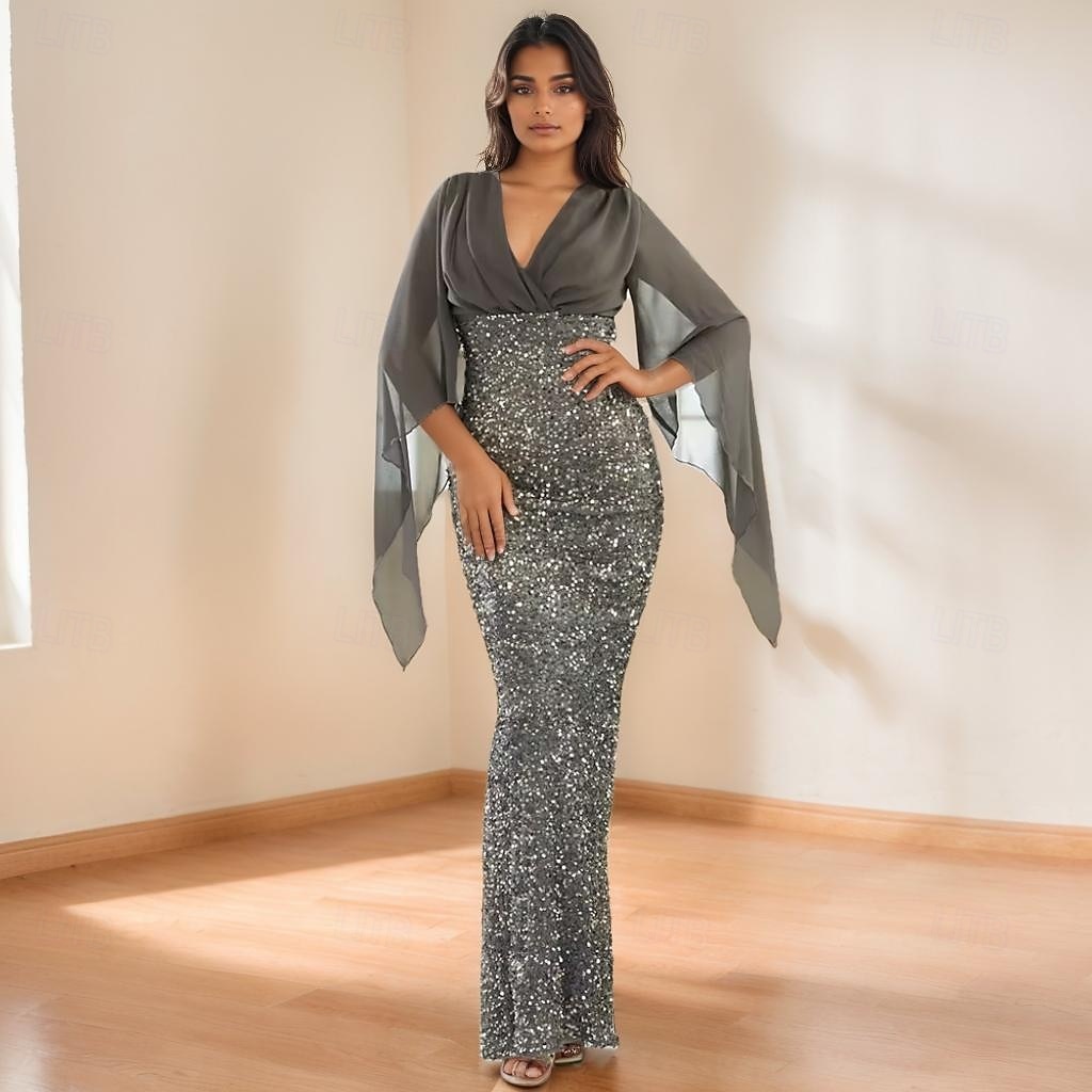 Meerjungfrau  Trompeten Abendkleid Elegantes Kleid Formelles Hochzeitsbodenlänges 3/4-Länge Ärmel V-Ausschnitt Chiffon mit Pailletten 2025 - $148.99 –P1