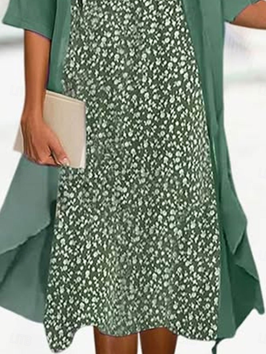 Abschlusskleider Midi Kleid Chiffon Kleid Shift Kleid elegant täglich lockere Passform floral halblange Ärmel Rundhals grün Sommer Frühling Herbst 2025 - $36.99 –P3