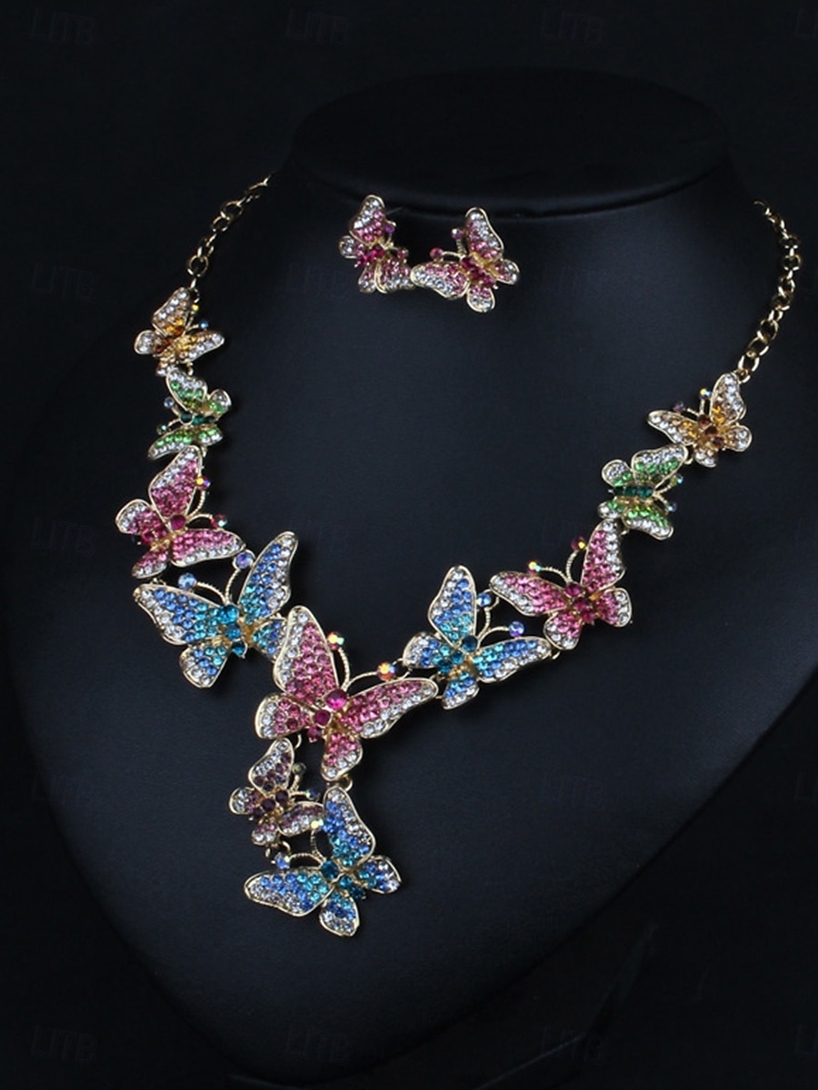 Juego de joyería traje de una pieza circonio cúbico cromo 1 collar aretes elegante mujer vintage moda estilo vintage clásico juego de joyería mariposa para fiesta de boda 2025 - $34.99 –P2