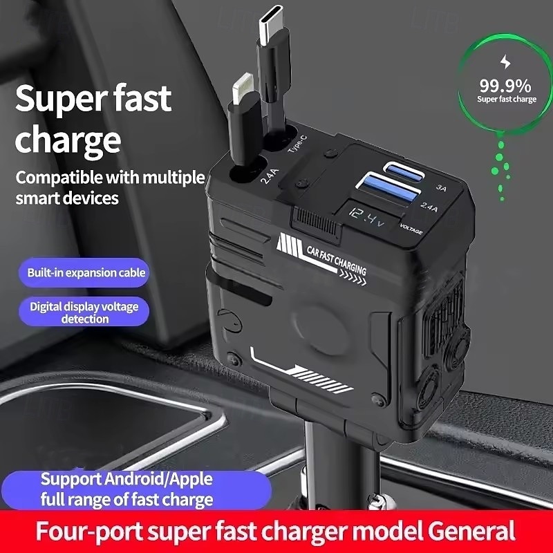 2025年 120W 4 in 1 格納式車用USB充電器 急速充電車用シガーライタープラグ iPhone用 &iPhone、Samsung、Huawei用のType-Cポート コレクション – $28.99 –P1