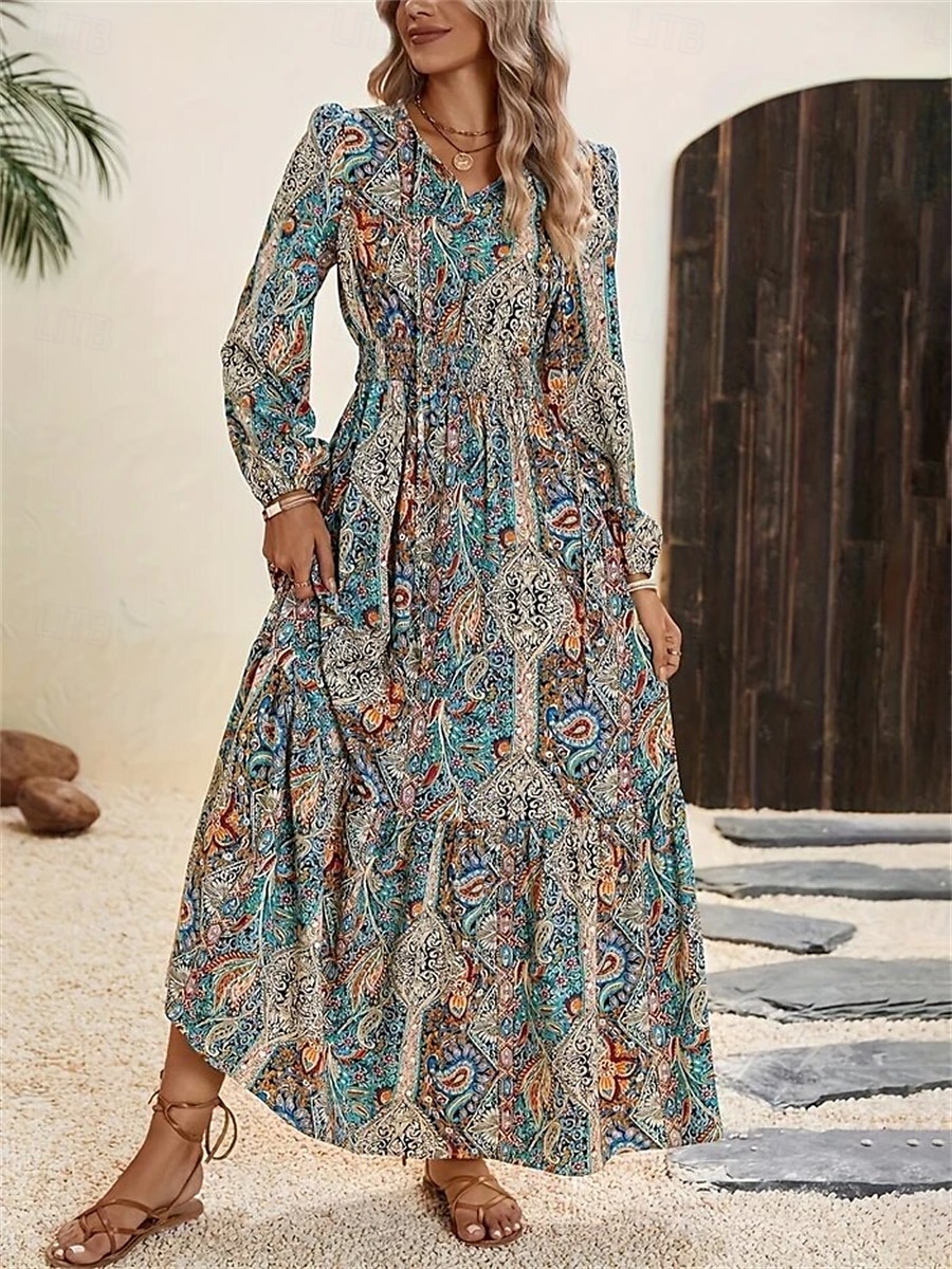 Pentru femei Rochie Maxi Rochie A line Rochie cu maneci bufante Boemia Vacanță Vacanță Casual Zilnic Fit regulat Grafic Manșon Lung Stil Nautic Bleumarin Vară Primăvară 2025 - $34.99 –P1
