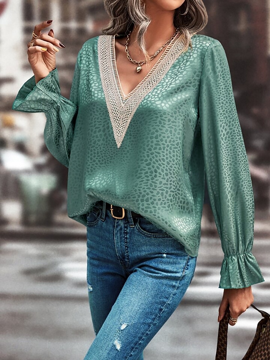 Women's Shirt Blouse Solid Color Stylish Casual Long Sleeve V Neck Regular Tops Daily Lace Patchwork Black Green Summer Spring 2025 - $31.99 –P4