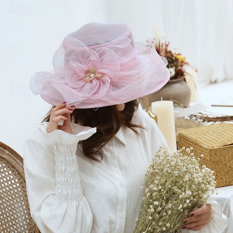 cappello da donna in organza, berretto da chiesa, cappelli da cocktail, da tè, da sposa, con fiori, a tesa larga del 2025 a $16.99 –P11