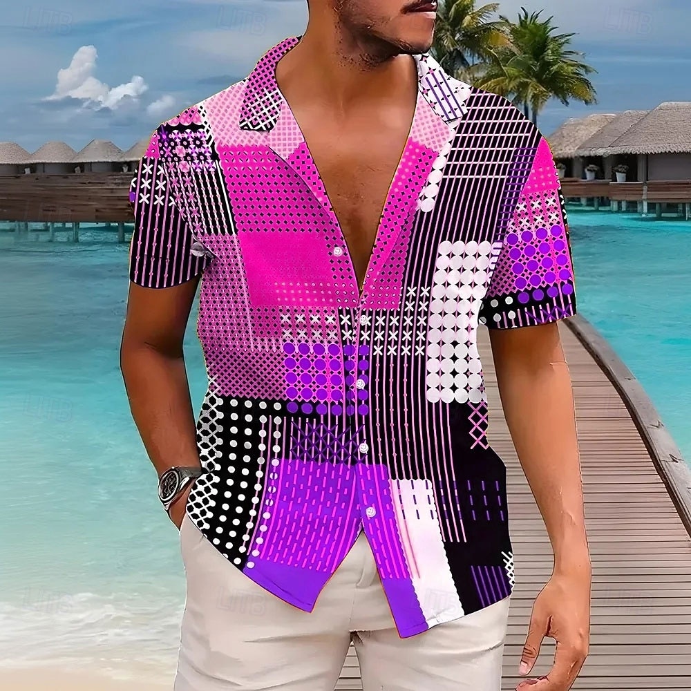 Homens Retalhos Estampa Geométrica Camisa Social Camisa cubana Manga Curta Moda Casual Férias Feriado Streetwear Verão Primavera Camisa com gola de acampamento Impressão 3D Amarelo Azul Roxo Verde de 2026 por $25.99 –P5