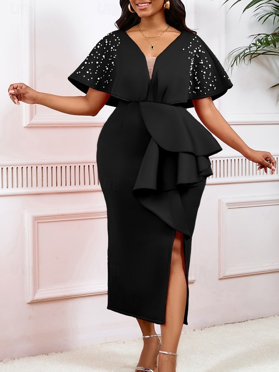 Kentucky Derby Damen Midi Kleid Bodycon Kleid Puffärmel Kleid Elegant Formal Cocktail Formal Party Hochzeitsgast Reguläre Passform Grafisch Kurzarm V-Ausschnitt Schwarz Weiß Gelb Rot Sommer 2025 - $49.99 –P3