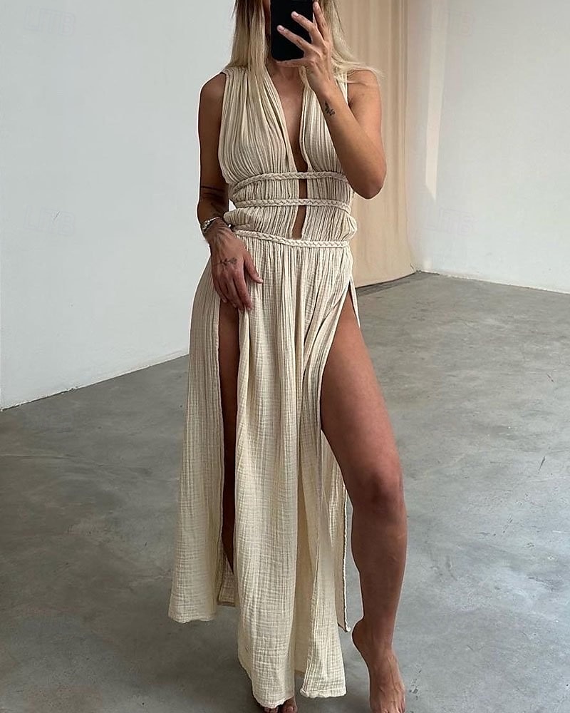 Pentru femei Rochie Lunga Rochie Maxi Rochii inspirate din in Rochie în carouri Rochie casual Rochie de vară Modă În aer liber Concediu Dată Fit regulat Simplu Fără manșon În V Negru Maro Bej Var 2025 - $36.99 –P1