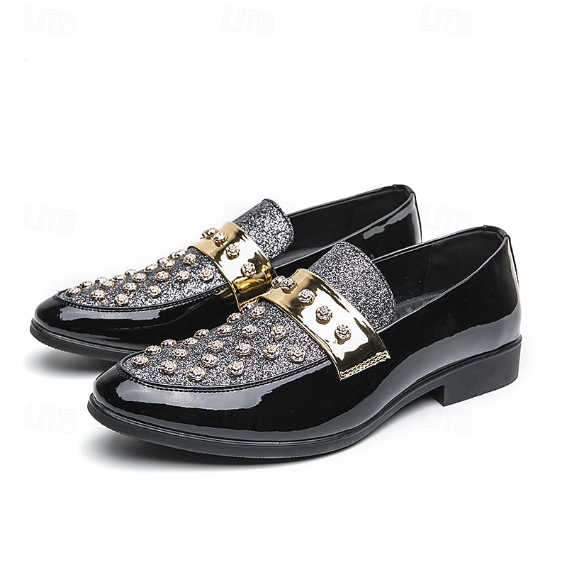 mocassini da uomo in vernice nera con dettagli borchiati e cinturino dorato, scarpe casual alla moda per feste ed eventi speciali del 2025 a $42.99 –P1