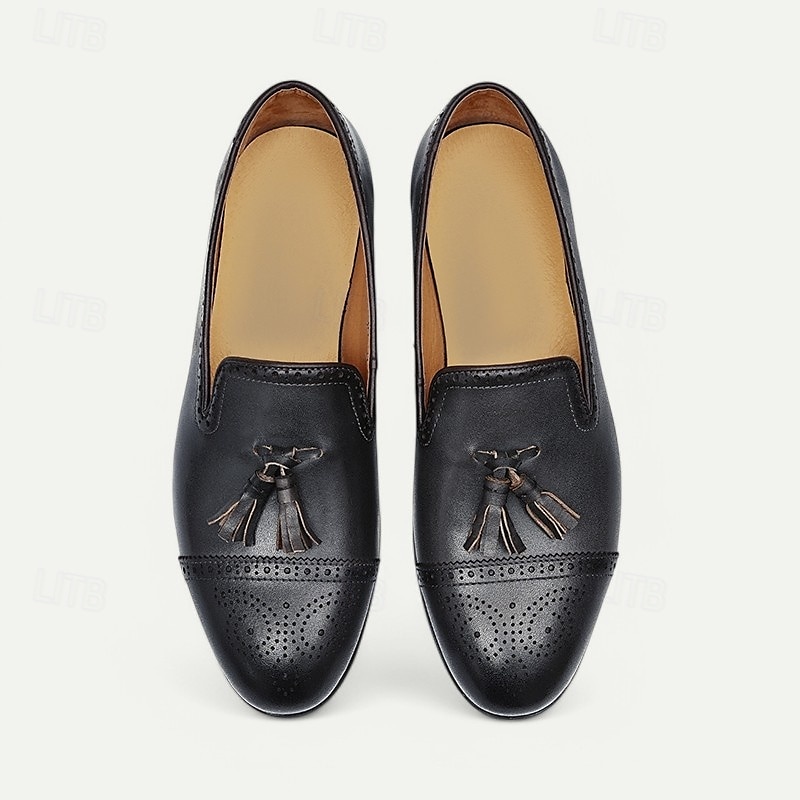 bruna tofsloafers i läder för män med brogue-detaljer, klassiska slip-on klänningskor för bröllop, fester och formella evenemang 2025 - $109.99 –P8