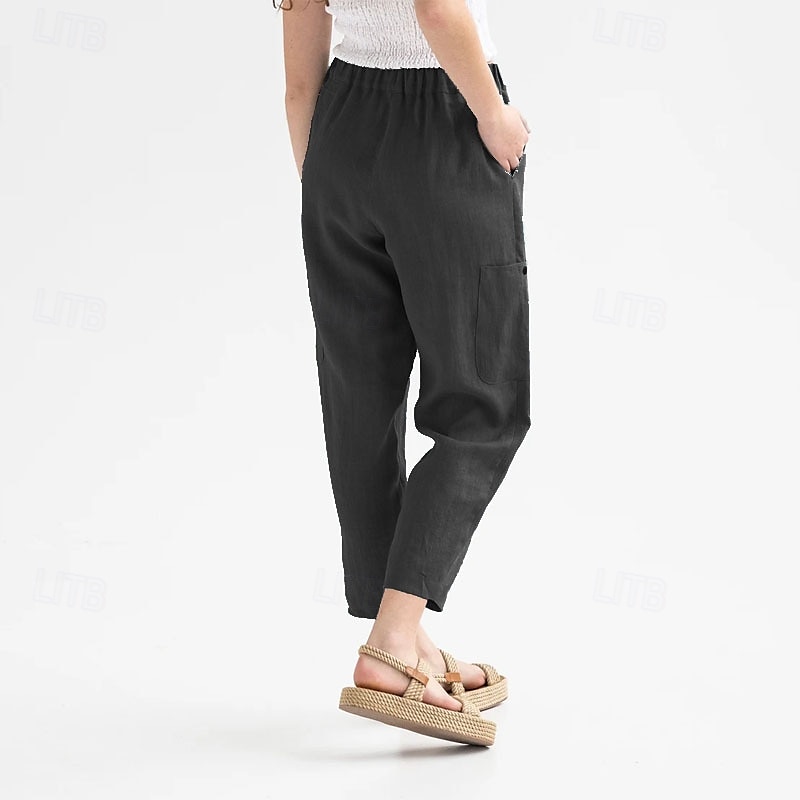 Women's Cotton Linen Pants Pants Trousers Palazzo Pants Fashion Streetwear Comfort Full Length High Waist Plain Elastic Waist Comfy Outdoor Comfortable Street Daily Wear Going out Dark Grey Black 2025 - $18.99 –P6