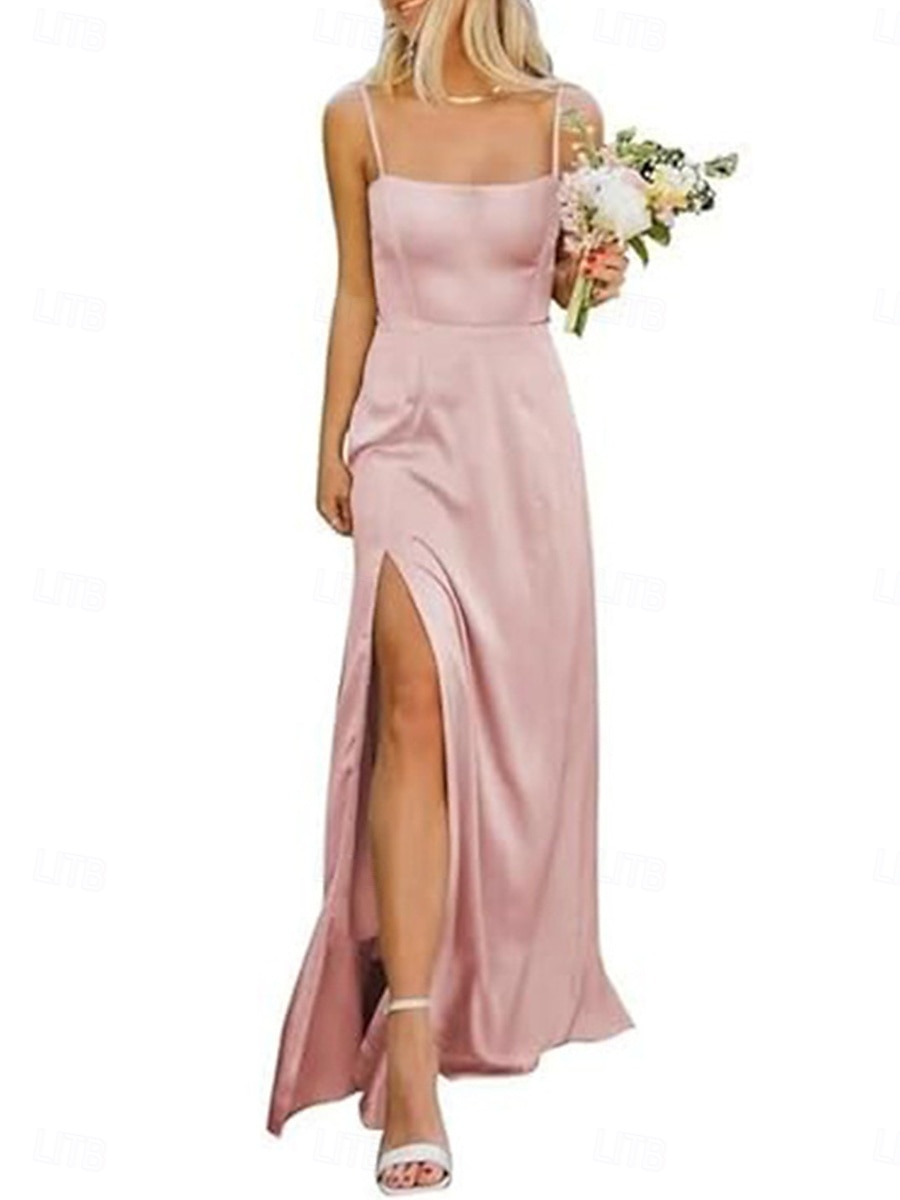 Linha A Vestido de Madrinha Com Alças Finas Sem Manga Elegante Longo Fibra Sintética com Fenda Frontal 2022 de 2025 por $137.99 –P3