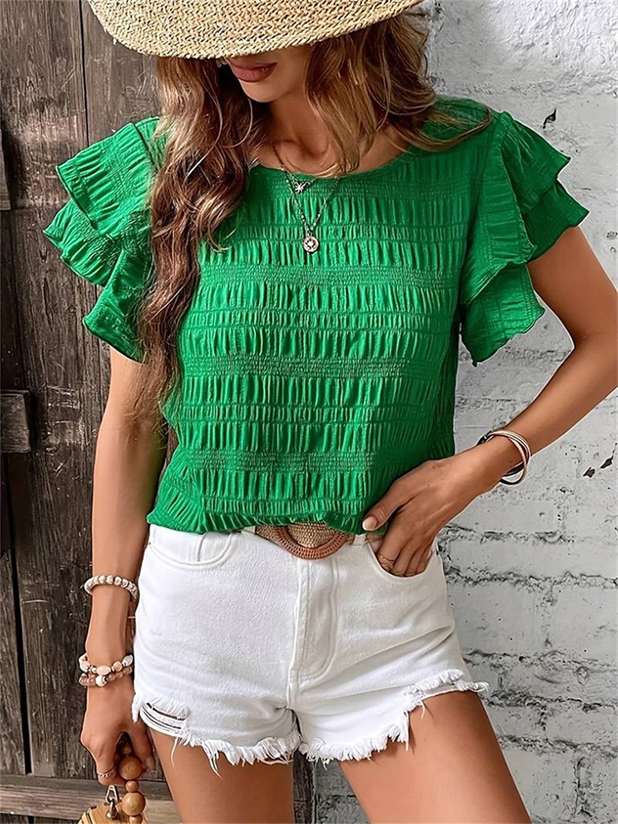 Women's Blouse Solid Color Elegant Daily Stylish Short Sleeve Crew Neck Regular Tops Daily Holiday Going out Ruffle Patchwork Sage Green Red Navy Blue Purple Green Summer Spring 2025 - $22.99 –P21