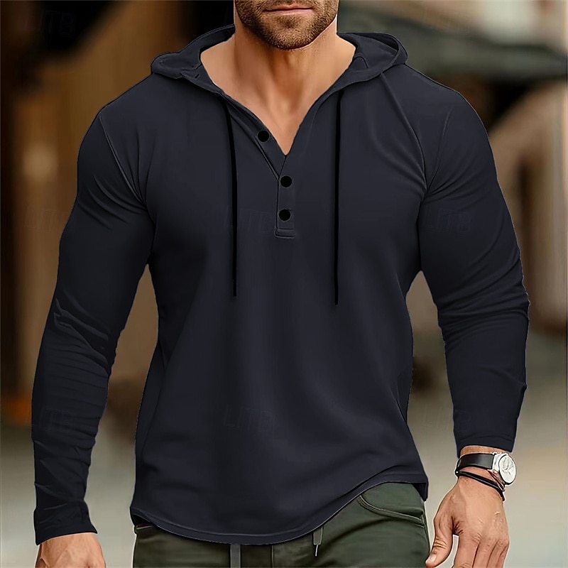 Herren T Shirt Henley Hemd T-Shirt Langarmshirt Langarm Henley Frühling Herbst Einfach Mode Designer Basic Knöpfe Urlaub Straße Ausgehen Schwarz Weiß Marineblau Top T-Shirt für Herren 2025 - $21.99 –P6