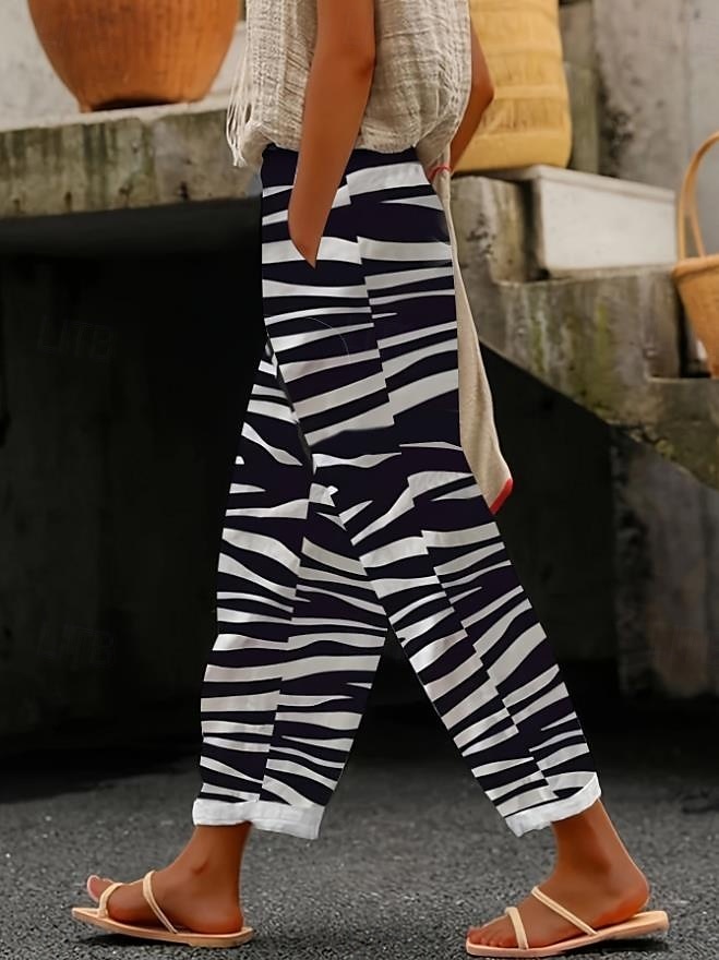 Pantalones de Algodón y Lino para Mujeres Pantalones Bombachos Lino Elegante Moda Vintage Longitud Completa Cintura Alta Estampado Cuadriculado Geométrico Transpirable Suave Microelástico Exterior 2025 - $32.99 –P1