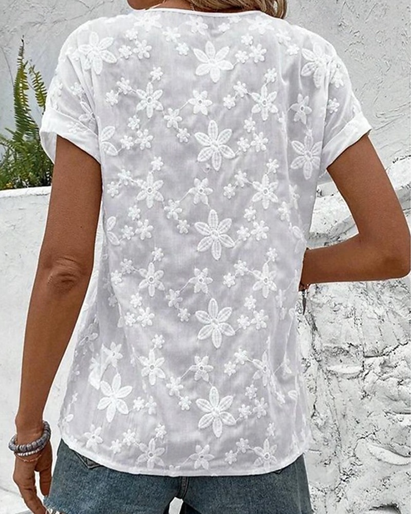 Dames Blouse Kanten topjes Bloemig Dagelijks Stijlvol Basic Korte mouw V-hals Normale tops Werk Dagelijks Feestdagen Kanten rand Wit Zomer Lente 2025 - $19.99 –P7