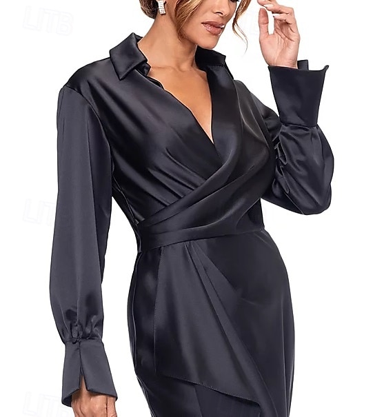 Robe fourreau  colonne robe de mère de la mariée formelle élégante simple col chemise longueur de sol satin d'Italie manches longues avec volants couleur unie de 2025 ? $177.99 –P3