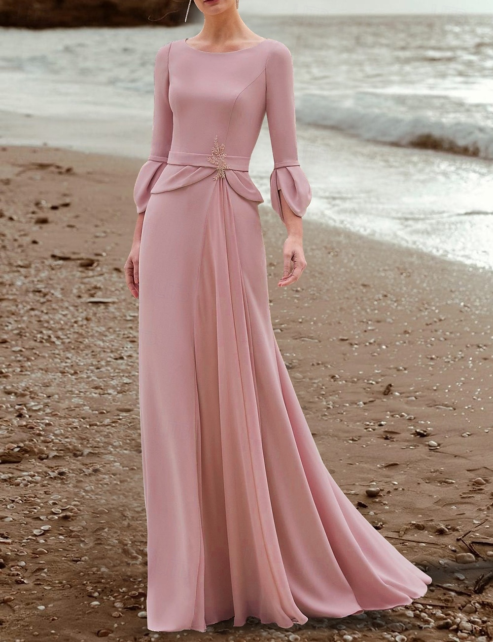Meerjungfrau  Trompete Mutter der Braut Kleid Elegantes Rundhals Bodenlänge Chiffon Krepp 3/4-Länge Ärmel mit Kristallbrosche 2025 2025 - $171.99 –P1
