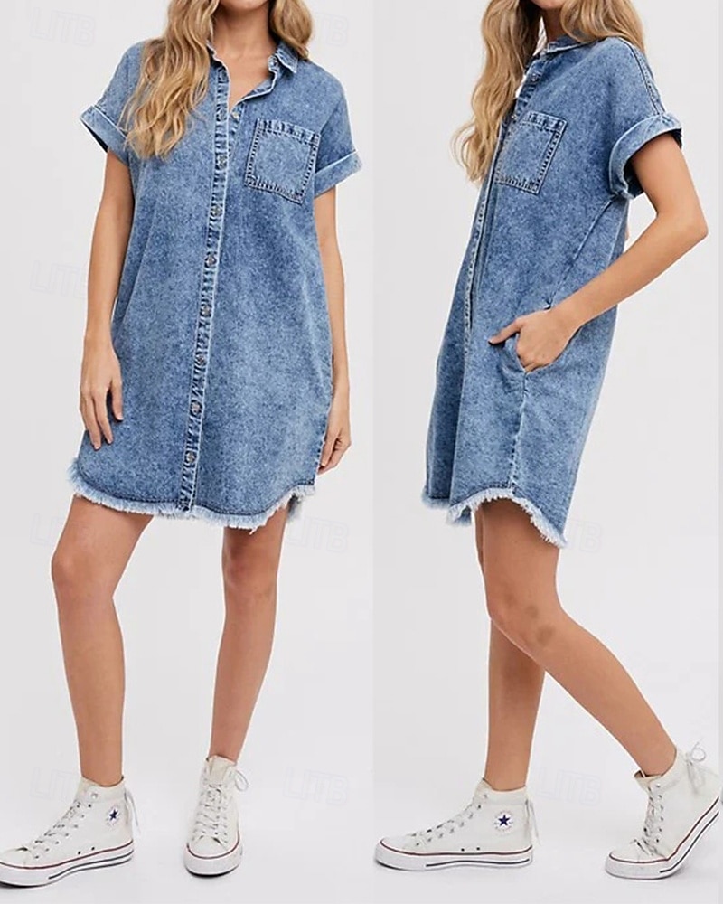 Dam Mini klänning Denimklänningar Vardagsklänning Sommarklänning Mode Utomhus Helgdag Datum Normal Slät Kortärmad Tröjkrage Blå Sommar Vår 2026 - $31.99 –P1