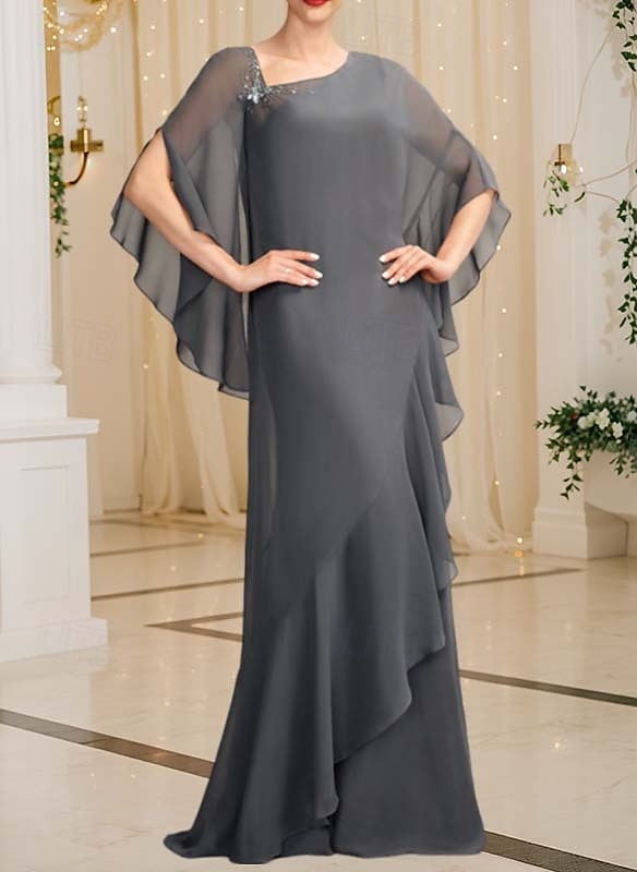 Sheath / Column Mother of the Bride Dress Elegant Vintage Simple Asymmetrical Neck Floor Length Chiffon Long Sleeve with Beading Ruffles Cascading Ruffles 2025 - $174.99 –P2