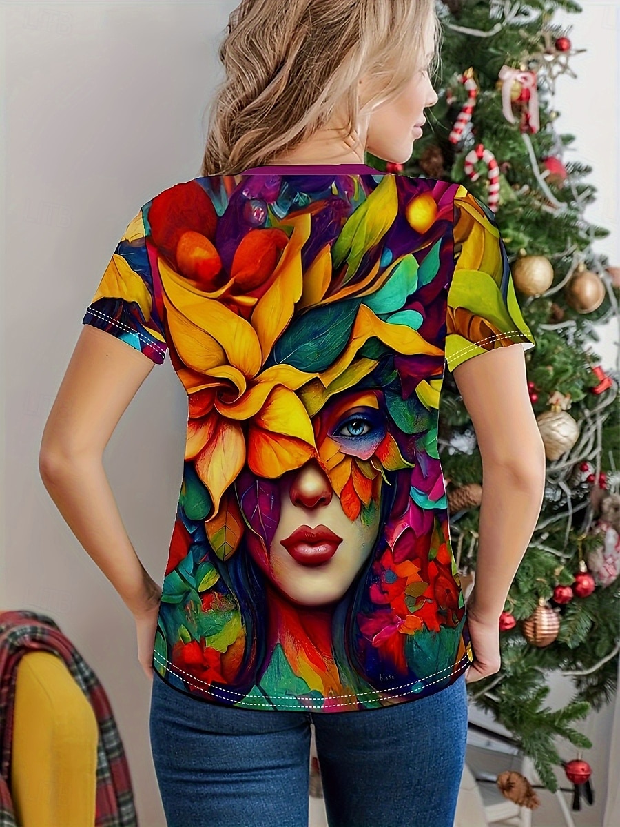 Femme T shirt Abstrait Décontractées Manche Courte Col Rond Hauts réguliers du quotidien Imprimer Vert cendré Eté de 2025 ? $19.99 –P2