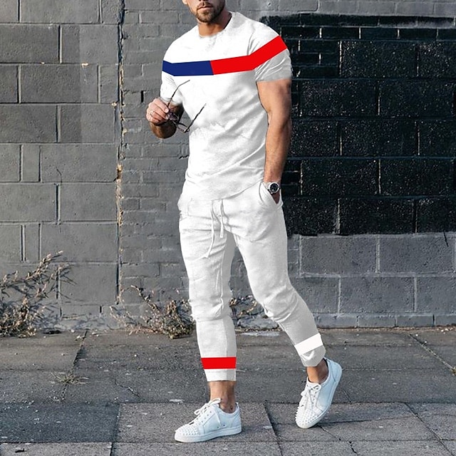 Voor heren T-shirt past Shirt- en broeksets 2 stuks outfits Korte mouw Ronde hals Zomer Kleurenblok Modieus Casual 2-stuks Vakantie Alledaagse kleding Uitgaan Zwart Wit Geel Top T-shirt voor mannen 2025 - $40.99 –P4