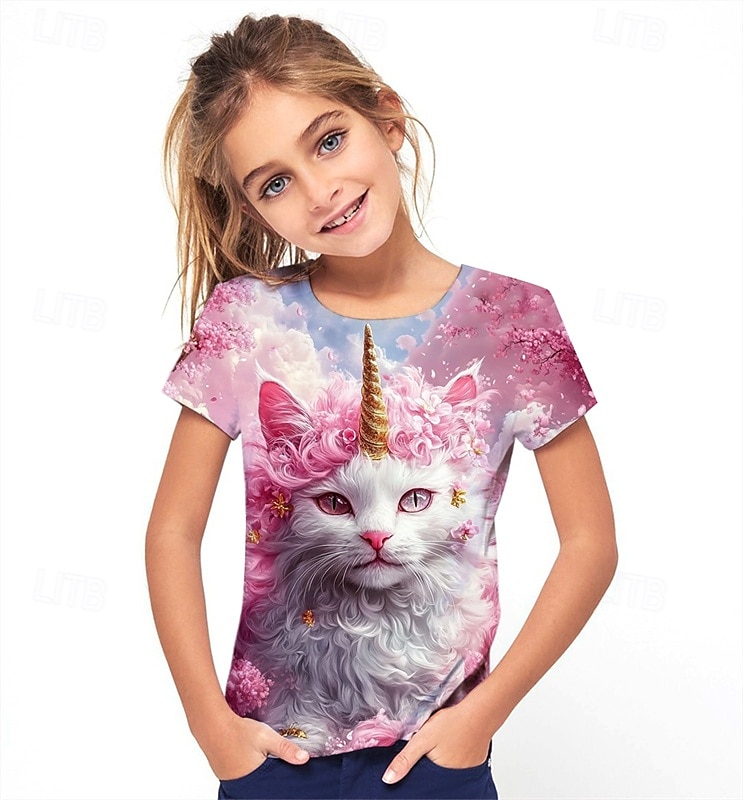 Dla dziewczynek 3D Graficzny Kot Podkoszulek T-shirt Krótki rękaw Lato Wiosna Moda Podstawowy Dzieci 4-12 lat Półgolf Na zewnątrz Codzienny Regularny 2025 - $11.99 –P2