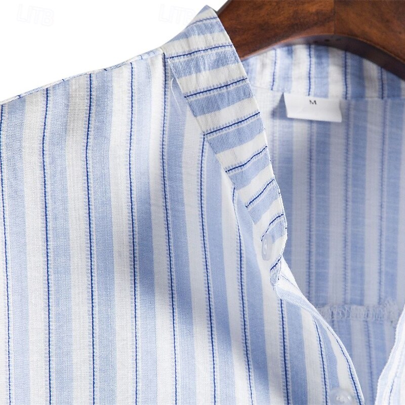 Men's Shirt Summer Shirt Casual Shirt Beach Shirt Button Up Shirt Light Blue Short Sleeve Stripe Grandad Collar Lapel Vacation Hawaiian Clothing Apparel Fashion Casual Comfortable 2025 - $23.99 –P6
