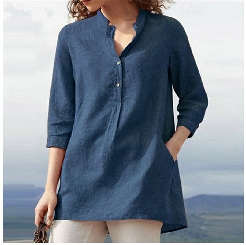 Per donna Camicia Camicia di lino Camicie di cotone e lino Semplice Quotidiano Elegante Essenziale Manica 3/4 Colletto a Camicia Top Regolari Lavoro Quotidiano Ferie Bottoni Nero Bianco Blu Primavera del 2025 a $24.99 –P2