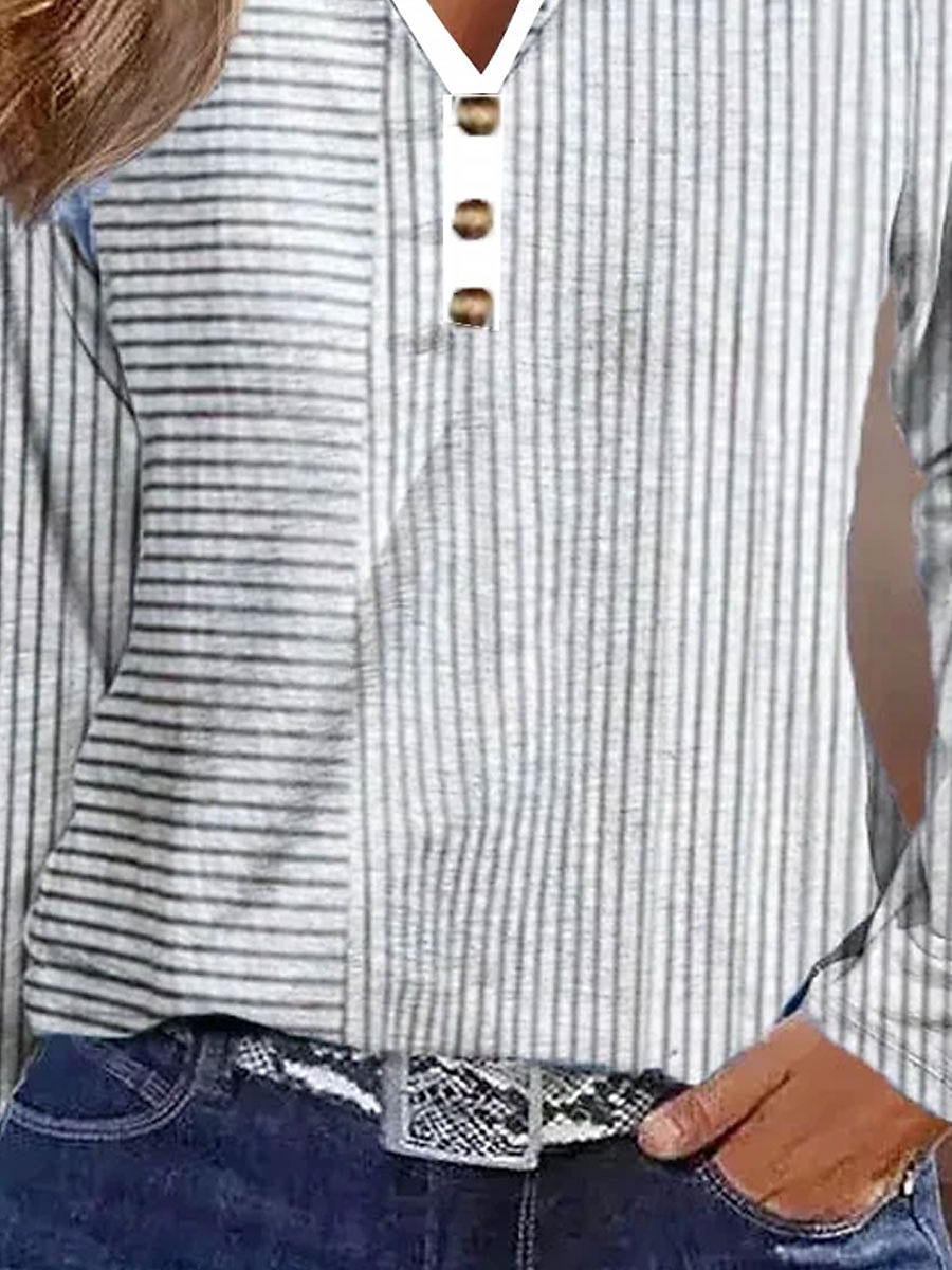 Mulheres Camiseta Listrado Casual Manga Longa Pescoço Entalhado Tops regulares Diário Imprimir Cinzento Primavera Outono de 2025 por $24.99 –P3