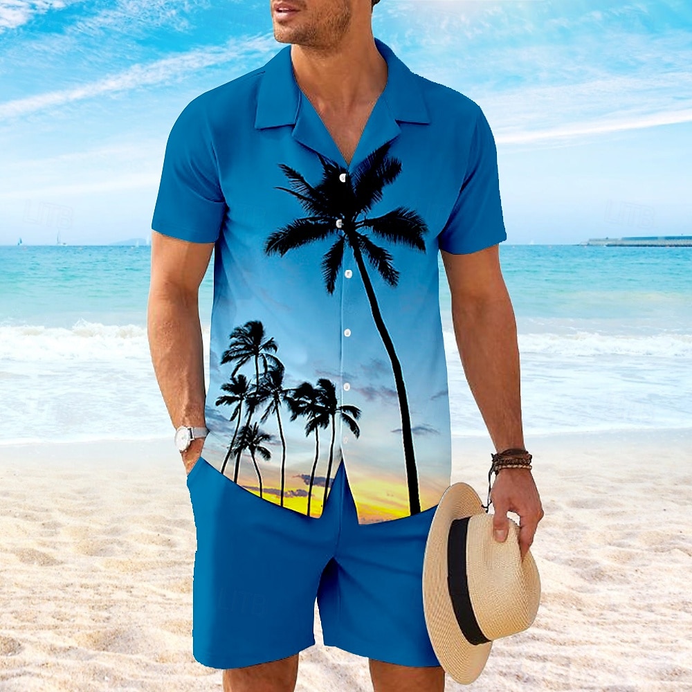 Herren Kokospalme 2St Hemden-Sets Hemd Kurzarm Kurze Hosen Kubanisches Halsband Urlaub Hawaiianisch Party Lässig Täglich 3D-Druck Sommer Rubinrot Grün 2025 - $37.99 –P1