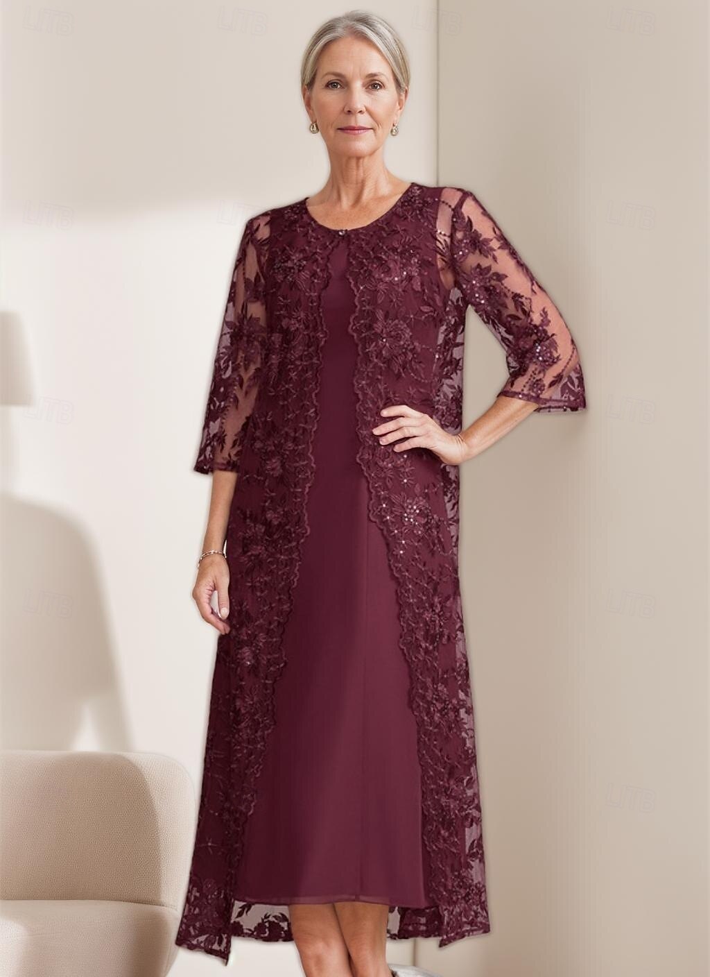 Conjunto de Vestido de Mãe da Noiva Elegante Vintage Simples Gola Redonda Comprimento Chá Chiffon Manga 3/4 Com Bordas em Cascata com Aplique de Renda Floral com Lantejoulas 2025 de 2025 por $191.99 –P1