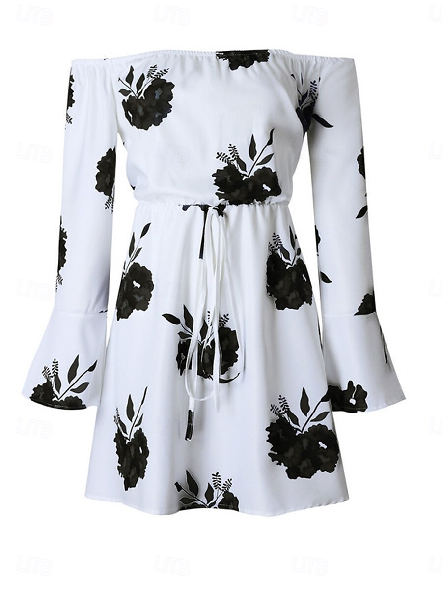 Dam Mini klänning Vardagsklänning Boho bröllopsgästklänning bohemliv Stylish Sexig Lös passning Blommig Långärmad Över axeln Svart Blå Sommar Vår Höst 2025 - $22.99 –P6