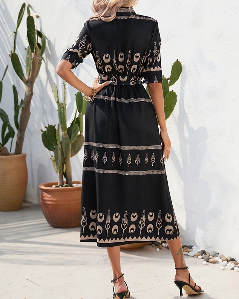 Pentru femei Rochie Lunga Rochie Maxi Rochie casual Rochie de vară Rochie Boho Modă În aer liber Concediu Dată Fit regulat Vopsire Lungime Manșon 3/4 Guler Cămașă Negru Alb Trifoi Vară Primăvară 2025 - $26.99 –P12