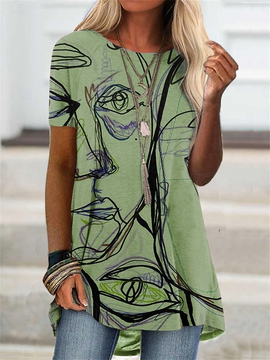 Femme T shirt Graphic Mode Moderne Décontractées Manche Courte Col Ras du Cou Hauts réguliers du quotidien Fin de semaine Imprimer Bleu Violet Vert Kaki Eté Printemps de 2025 ? $21.99 –P4