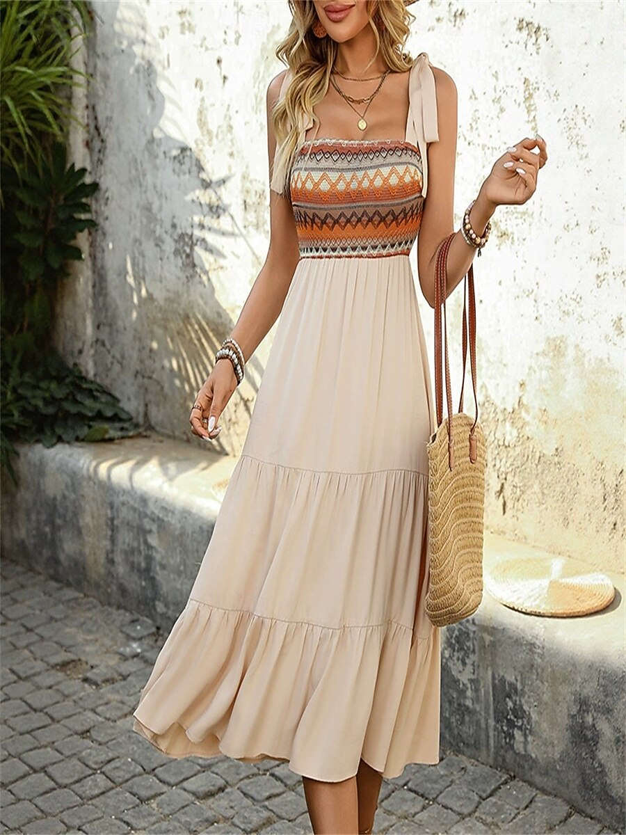 Women's Midi Dress Summer Dress Elegant Stylish Flowy Vacation Home Date Loose Fit Graphic Sleeveless Strap Apricot Summer 2025 - GBP £27.29 –P1