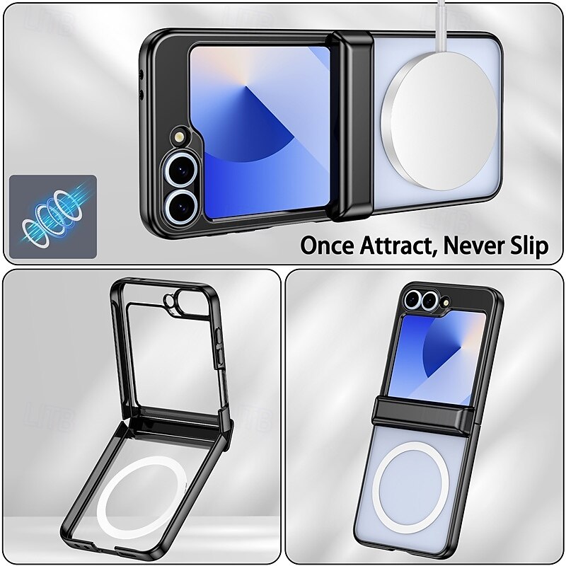 Phone Case For Samsung Galaxy Z Flip 7 Z Flip 6 Z Flip 5 Back Cover Magnetic Support Wireless Charging Shockproof Retro Plating PC 2025 - $22.99 –P6