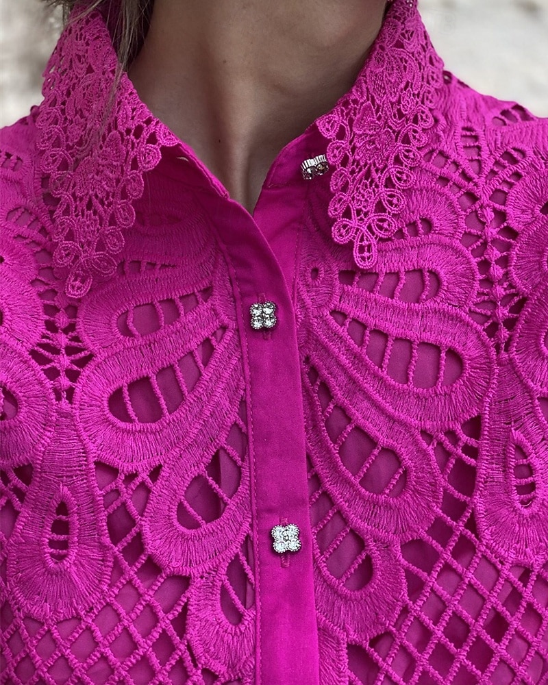 Mulheres Blusa Topo de ilhó Tops de renda Vazado Botões Tecido Diário à moda Básico Manga Curta Colarinho de Camisa Tops regulares Diário Trabalho Feriado Branco Rosa cor de Rosa Primavera Outono de 2026 por $32.99 –P7